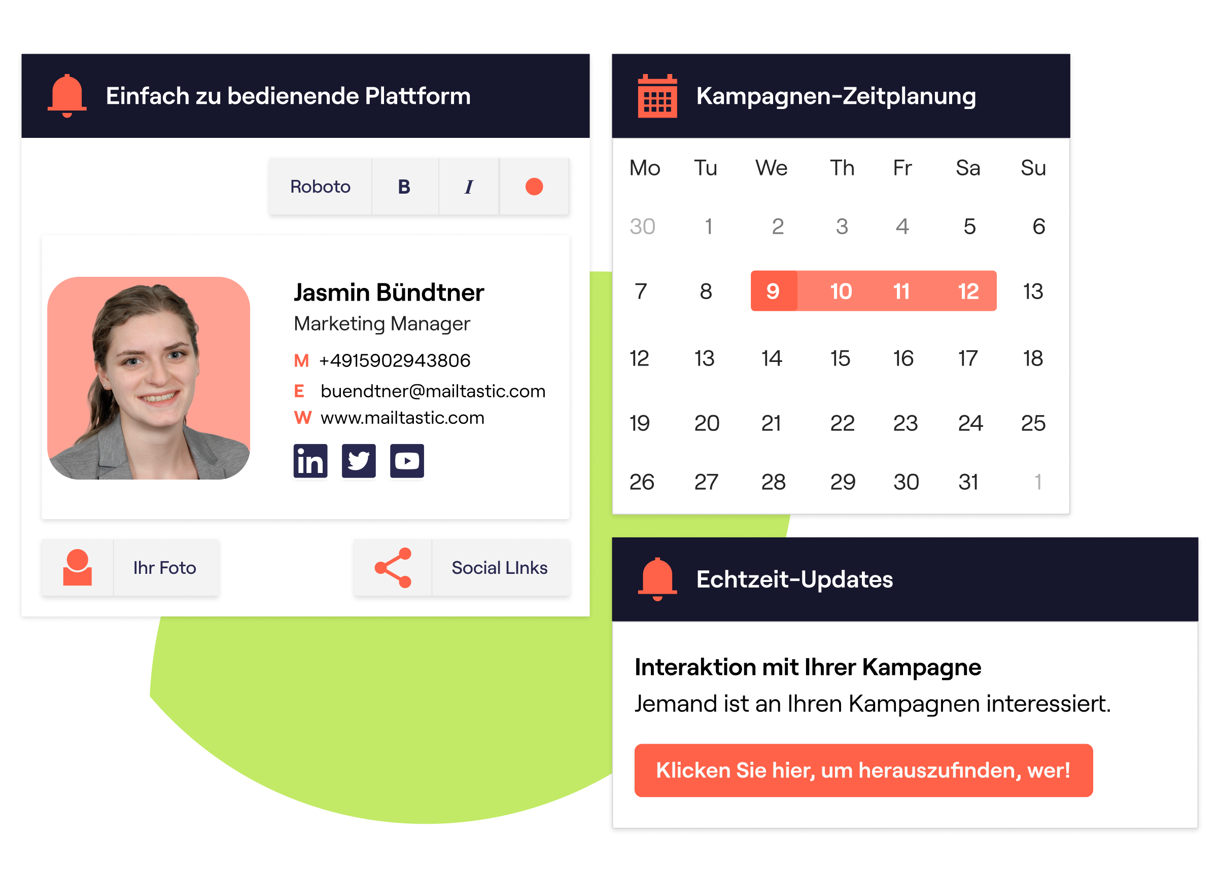 Einfach zu bedienender Signatur-Generator, Kampagnen-Planung und Engagement-Benachrichtigungen Einfach zu bedienender Signatur-Generator, Kampagnen-Planung und Engagement-Benachrichtigungen